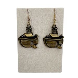 Antiqued Brass Metal Noah’s Ark Pierced Dangle Earrings